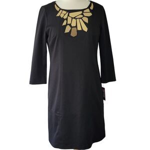Vince Camuto Black Midi Dress Stretch Metallic Neck 3/4 Sleeve NEW Women Size 10